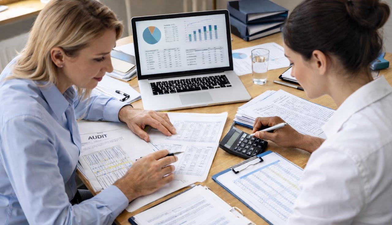 Equipo revisando documentos y estados financieros durante una auditoría